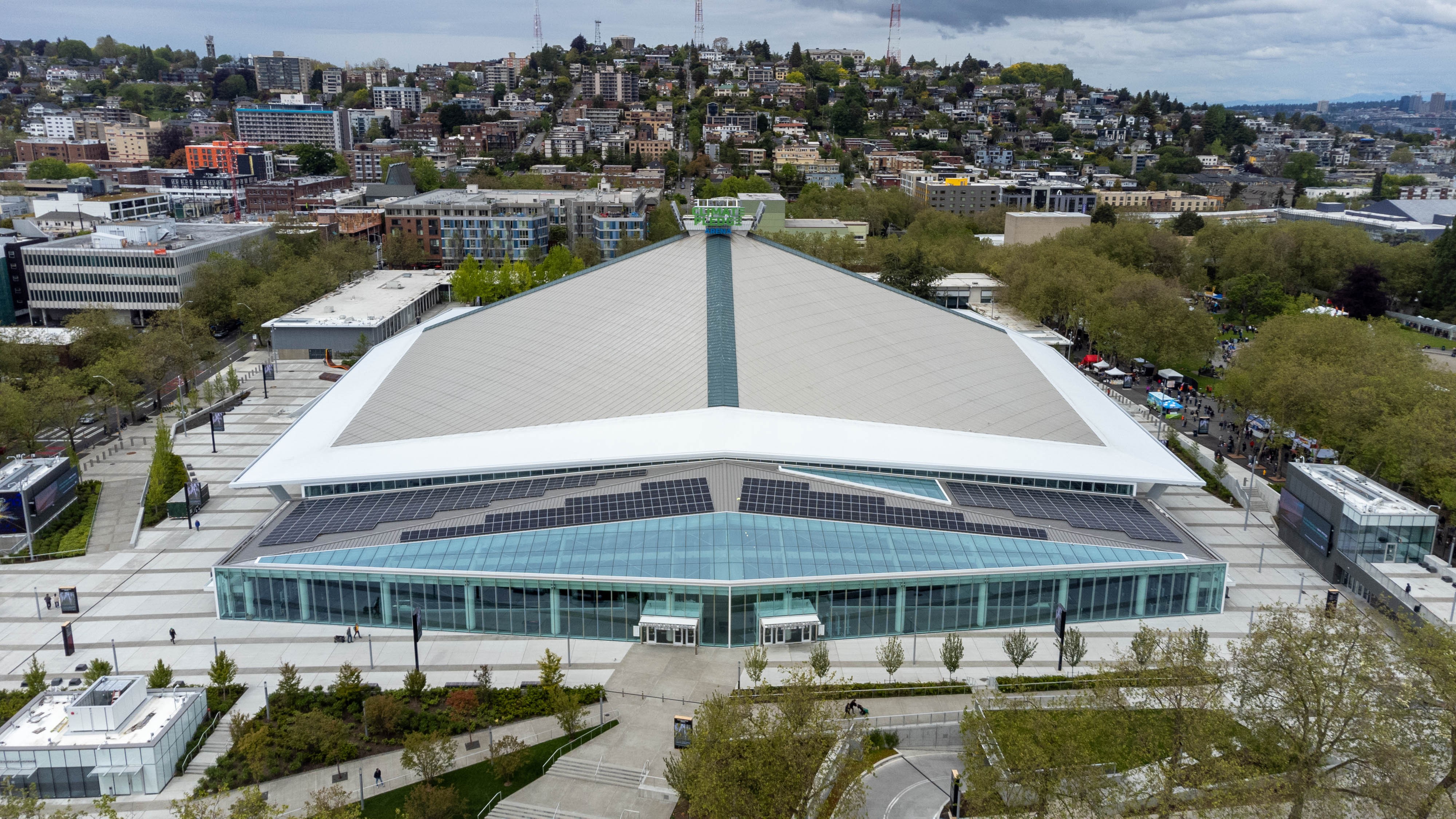 Current photograph of Climate Pledge Arena in Seattle.